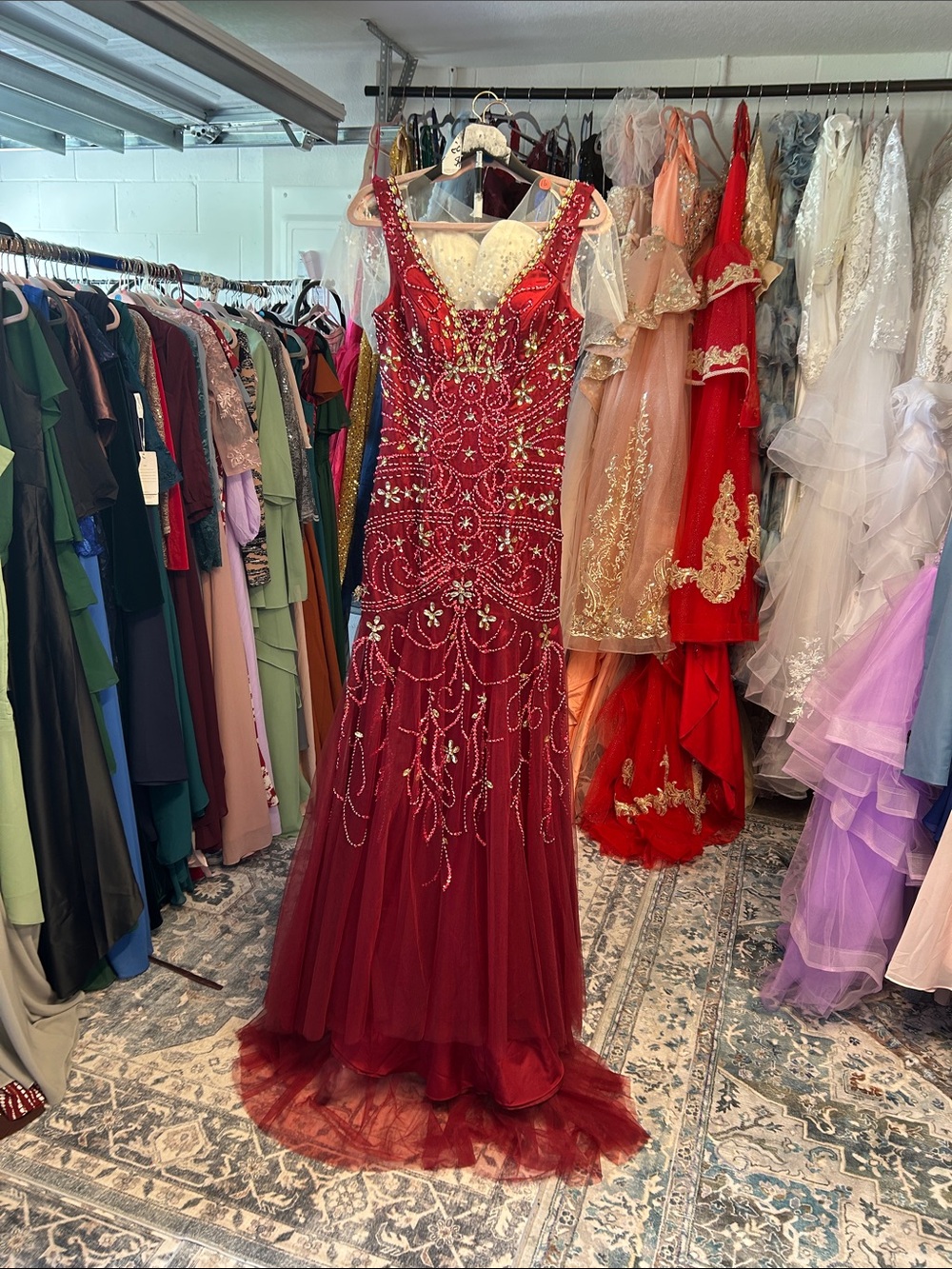 Beaded Burgundy Tulle Prom Dress - Women Dresses
